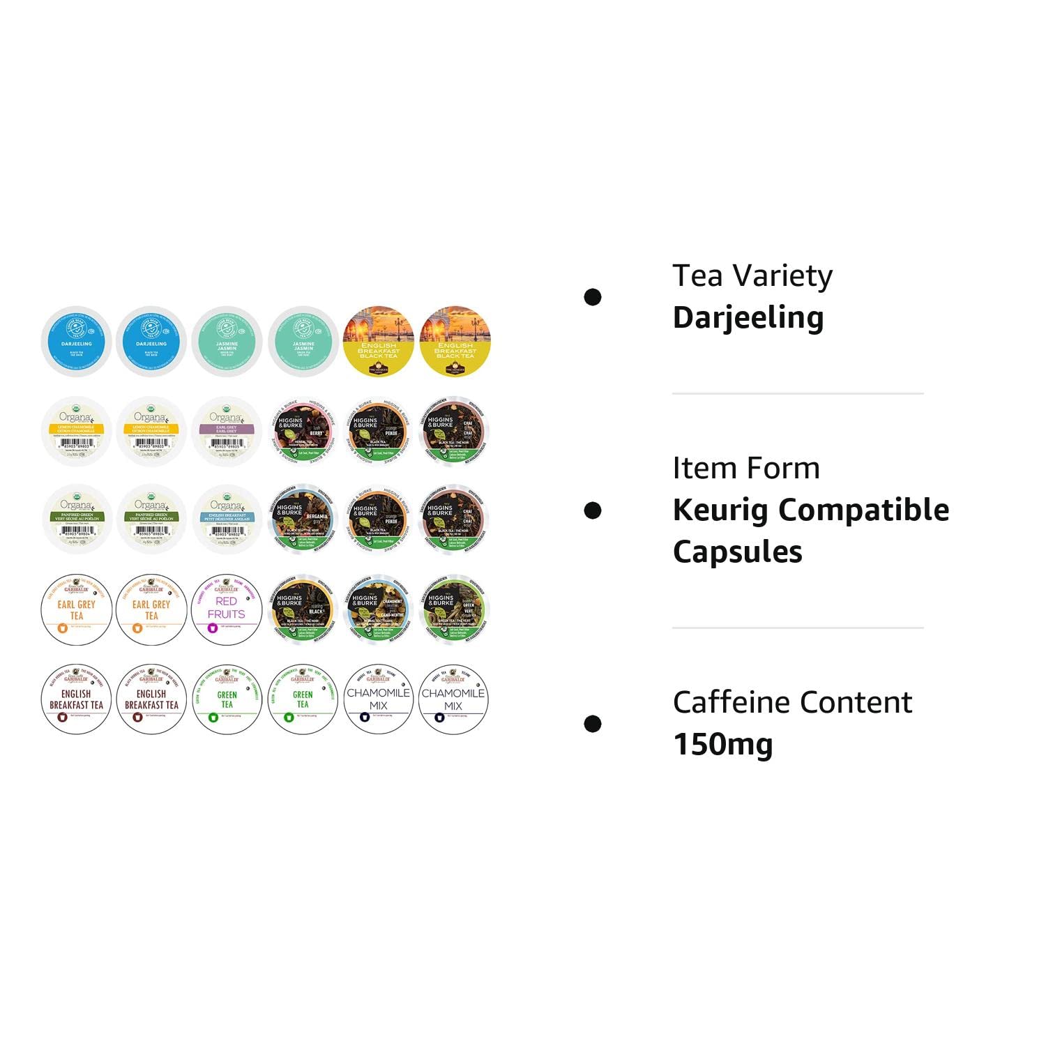 Paquete variado de té surtido que incluye té verde, té negro, té Earl Grey y té de hierbas, cápsulas de té de una sola porción para máquinas Keurig