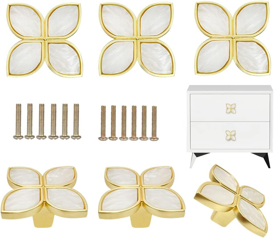6 pomos de pétalos dorados para gabinetes de cómodas, pomos decorativos de trébol de cuatro hojas, manija para cajones de puertas y armarios,