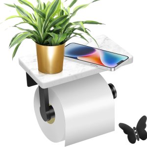 LuDoDo Portarrollos de papel higiénico negro mate con estante de mármol, soporte para rollo de papel higiénico montado en la pared para baño y baño LuDoDo Portarrollos de papel higiénico negro mate con estante de mármol, soporte para rollo de papel higiénico montado en la pared para baño y baño