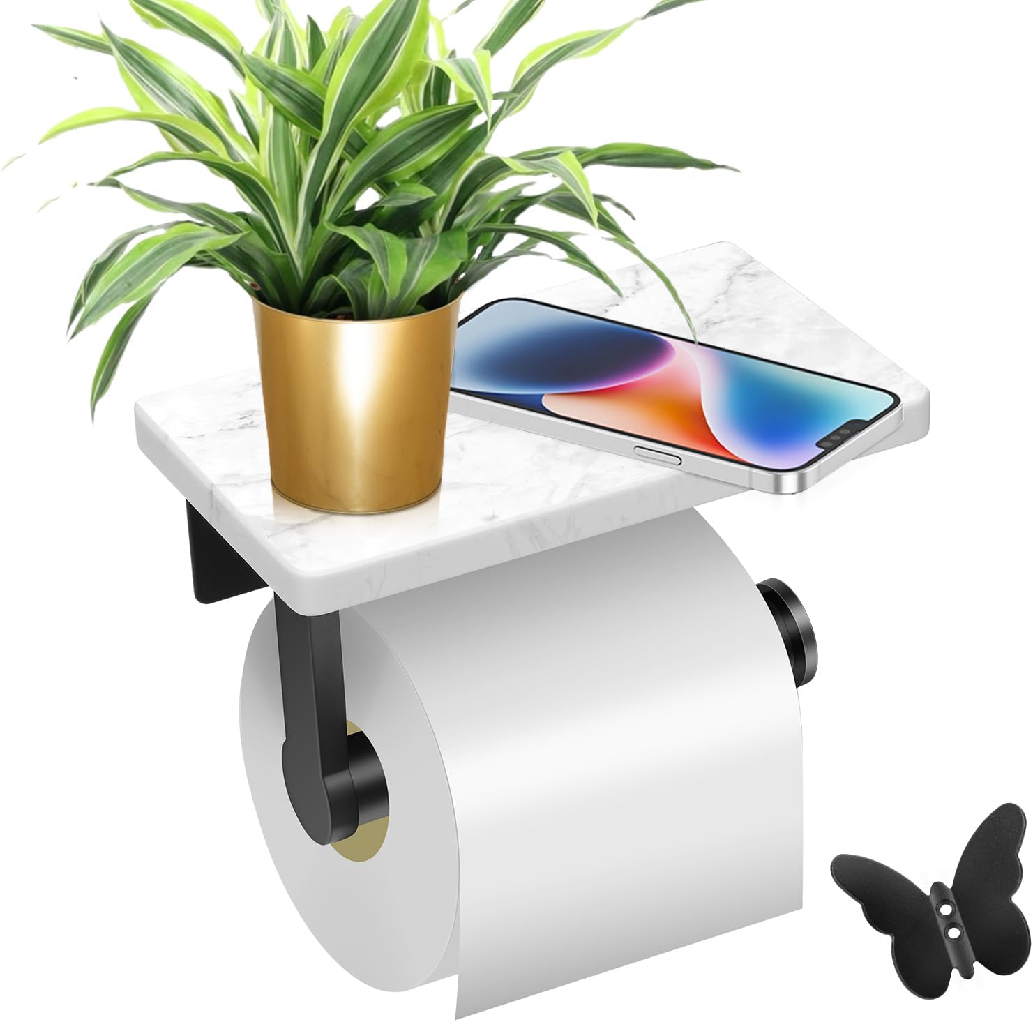 LuDoDo Portarrollos de papel higiénico negro mate con estante de mármol, soporte para rollo de papel higiénico montado en la pared para baño y baño