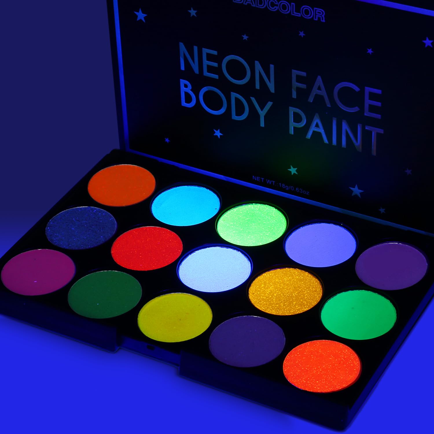 Pintura facial UV brillante, paleta de sombra de ojos de neón de 15 colores, pintura facial a base de agua con luz negra UV para niños, paleta de