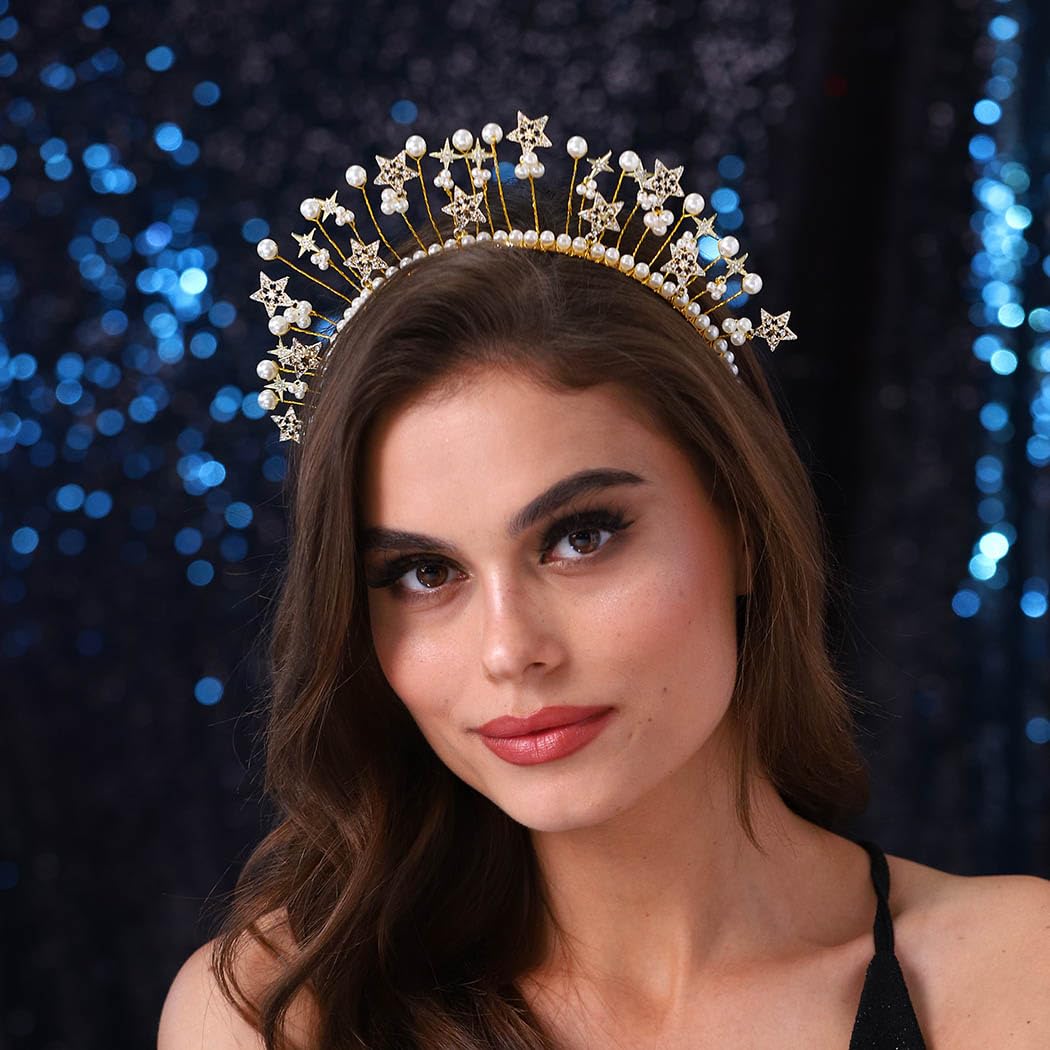 Urieo Corona con halo de estrellas, perlas doradas, diadema de diosa, tiara fina de cristal, accesorios para el cabello hechos a mano para mujeres