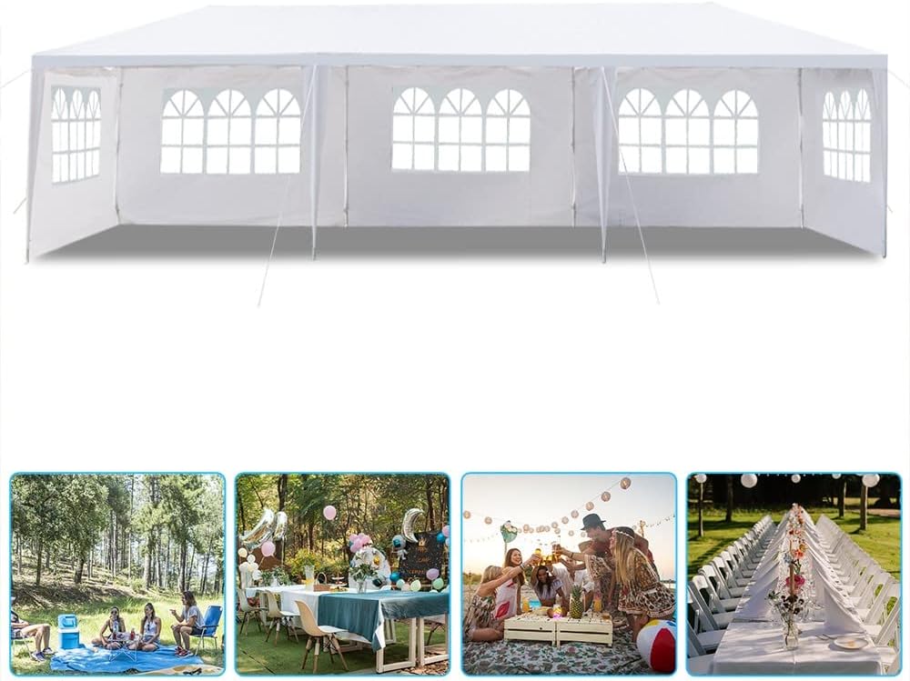 Gazebo para exteriores, 10 x 30 pies, color blanco, impermeable, con paredes laterales extraíbles y ventanas, tienda de campaña resistente para