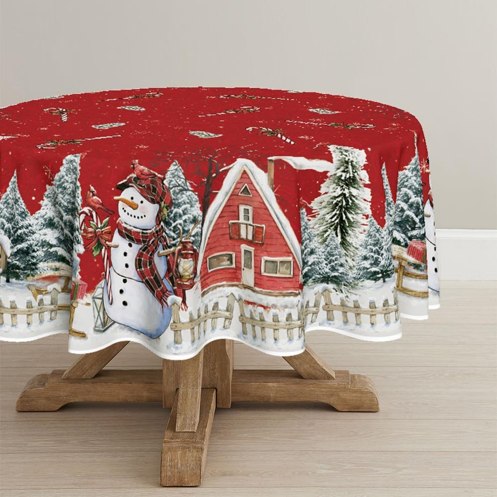 Horaldaily Mantel de Navidad redondo de 70 x 70 pulgadas, casa de muñeco de nieve de invierno, árboles de Navidad, color rojo, lavable, para fiesta,