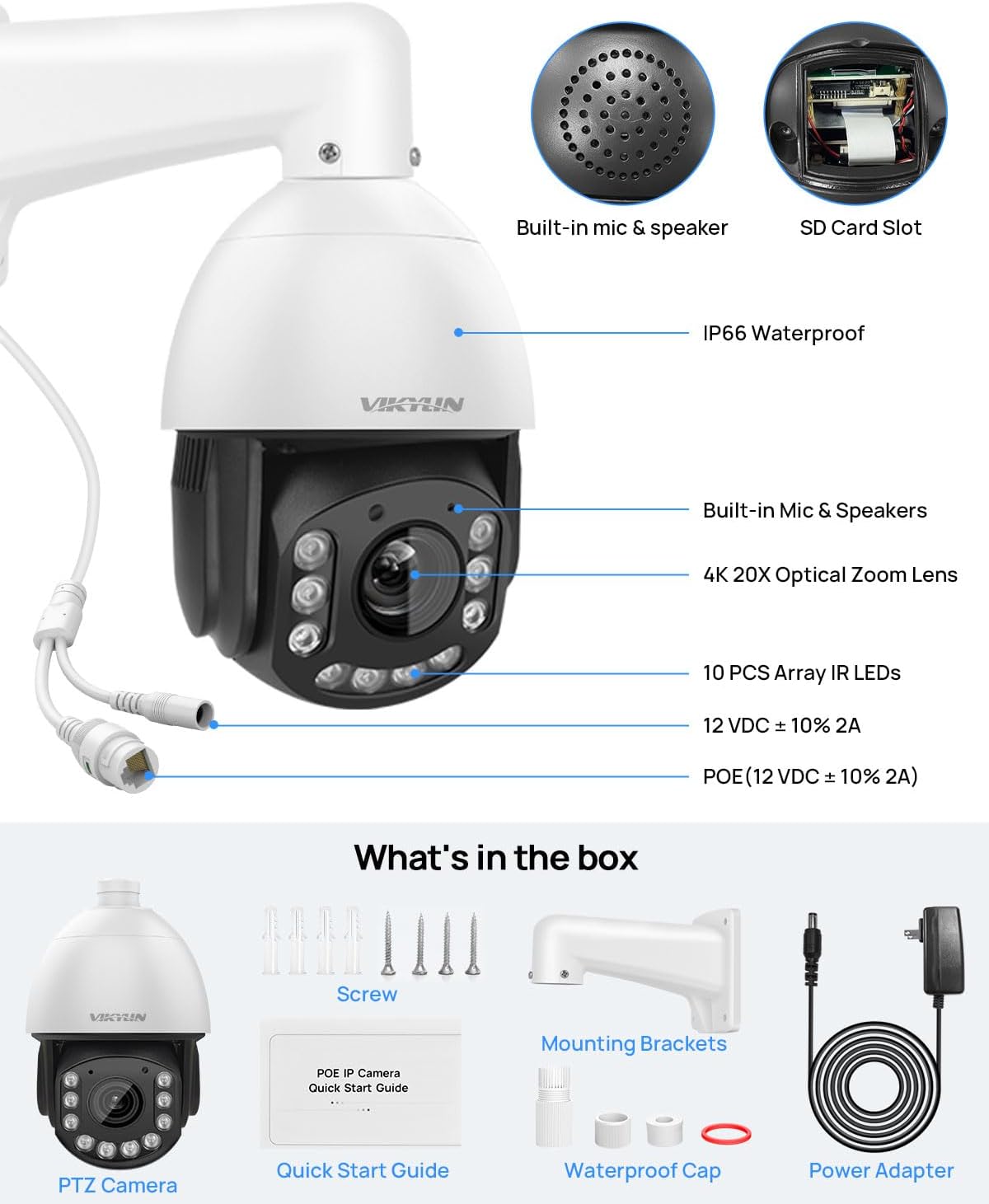 VIKYLIN Cámara IP POE PTZ 4K 8MP para exteriores, zoom óptico de inclinación panorámica de 20x, detección de vehículos humanos, cámara PTZ de