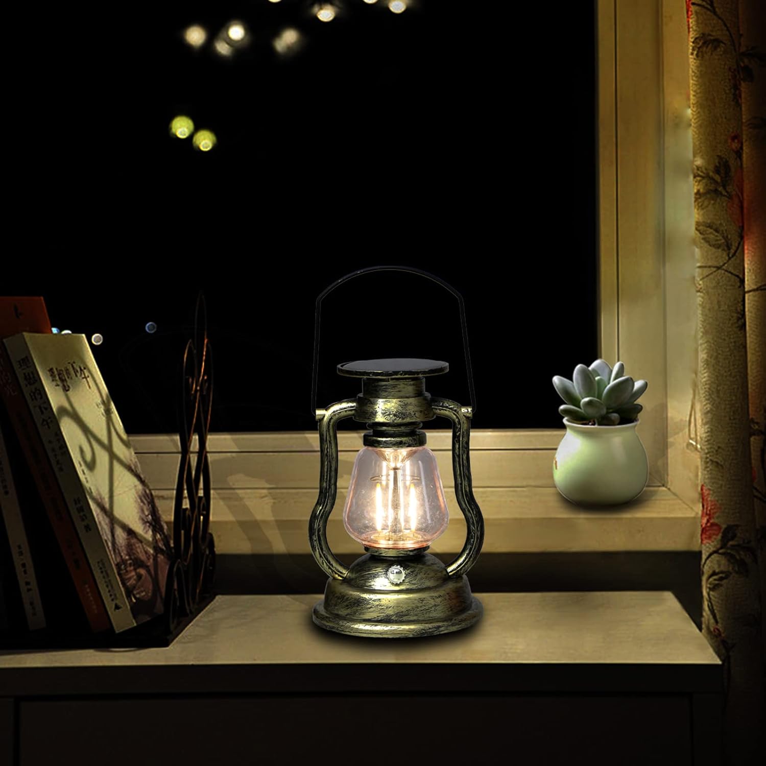 MECAKUCA Faroles LED vintage solares de huracán antiguo impermeable, lámpara colgante de metal antiguo para mesa de interior, iluminación de