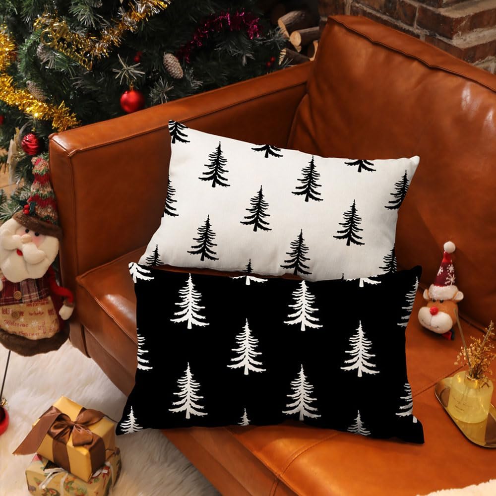 DFXSZ Fundas de almohada navideñas de 12 x 20 pulgadas, decoración de árbol de Navidad, color negro, decoración familiar de invierno para el sofá