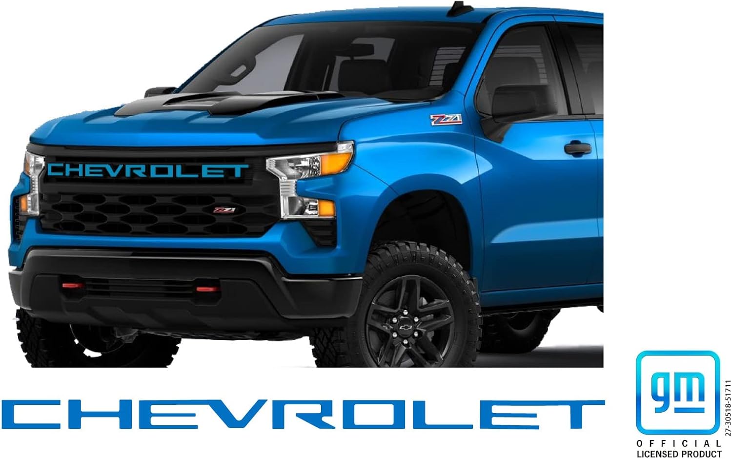 Chevy Silverado 1500 Trail Boss 2022 2023 2024 Kit de calcomanías de superposición de letras para parrilla delantera, color azul glaciar, metálico,