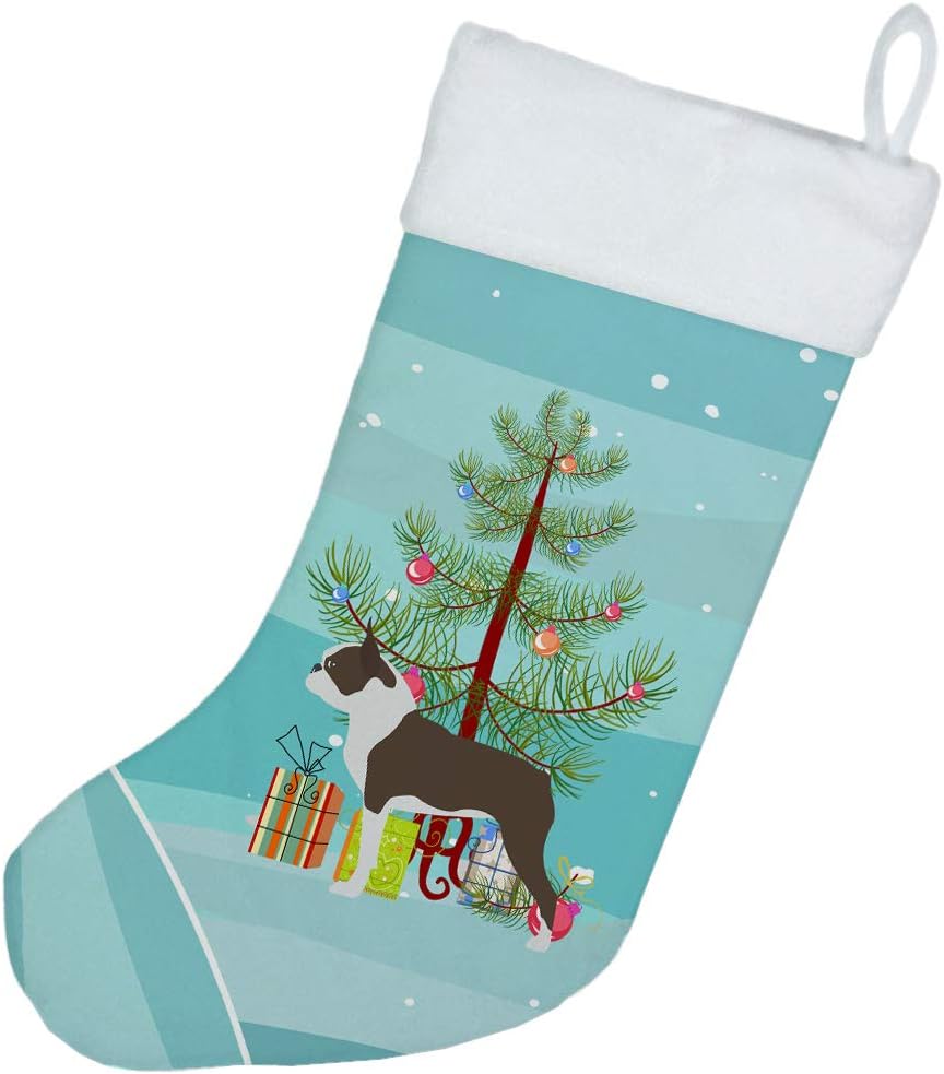 Caroline’s Treasures BB2962CS Boston Terrier Feliz Árbol de Navidad Calcetín de Navidad para chimenea, medias colgantes para la temporada de