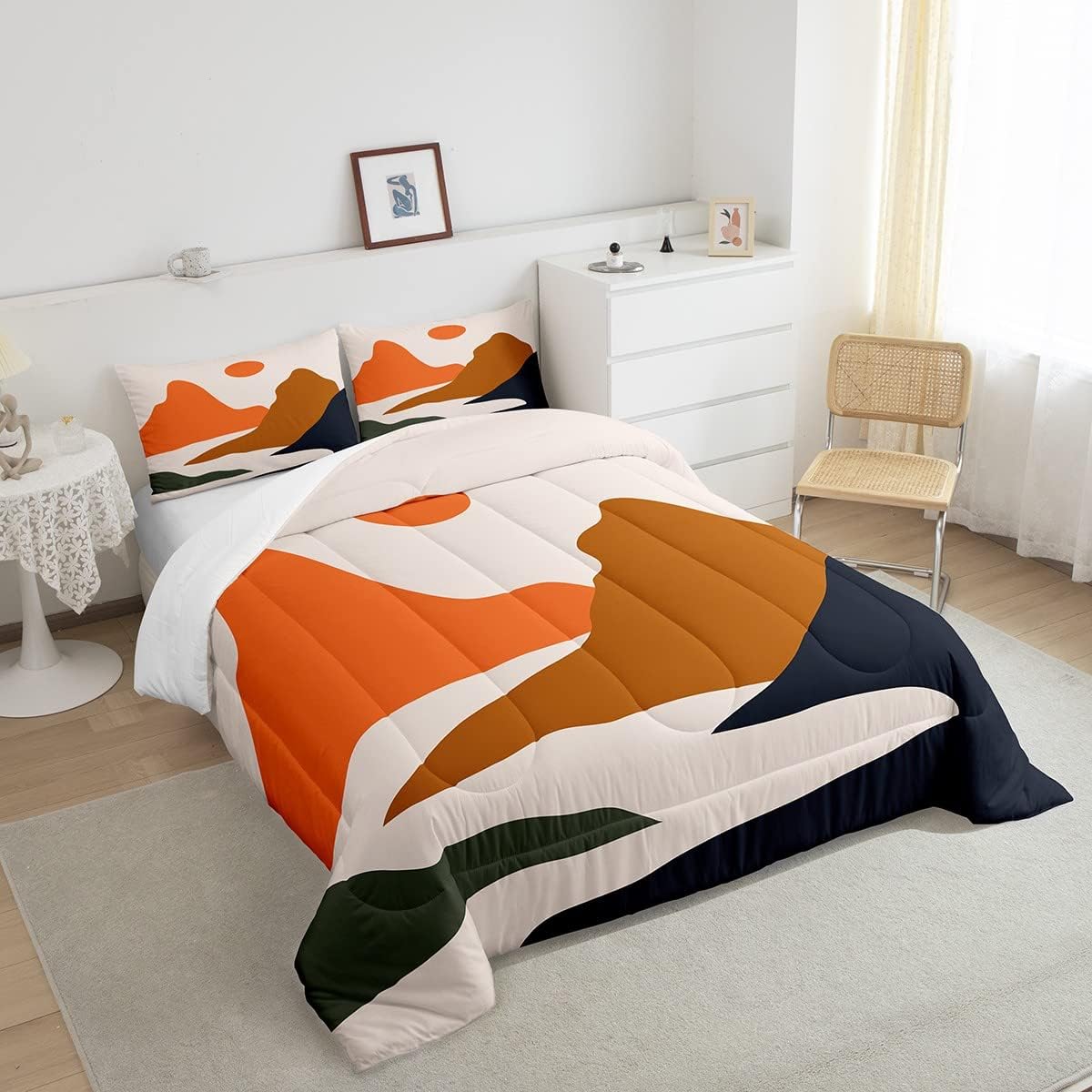 Erosebridal Juego de edredón de estilo japonés, juego de ropa de cama bohemio vintage de paisaje de montaña para mujeres y hombres, juego de edredón