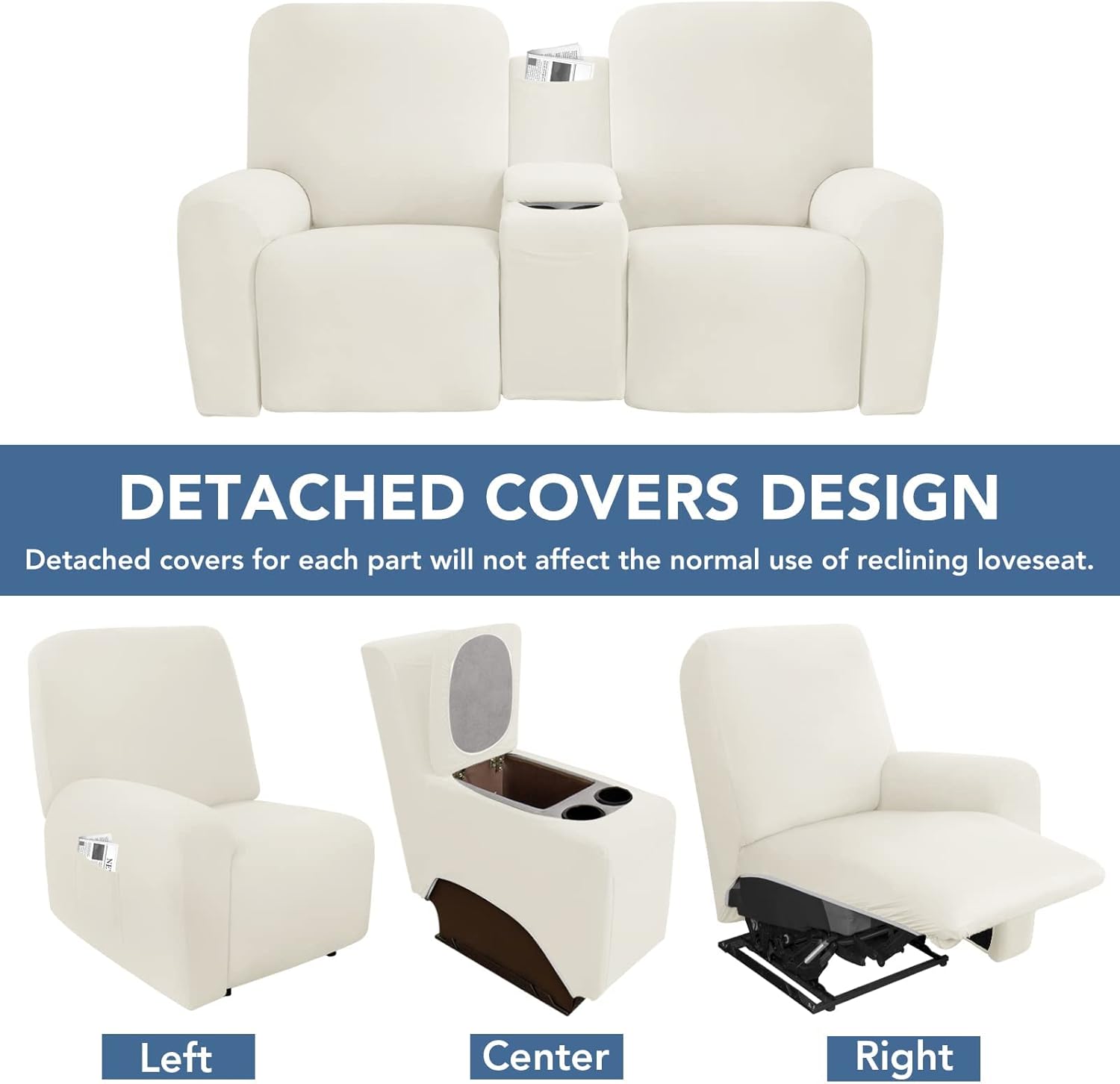 Easy-Going Funda elástica para sofá reclinable con consola central, suave vellón ajustable de 2 asientos con soporte y almacenamiento, protector de