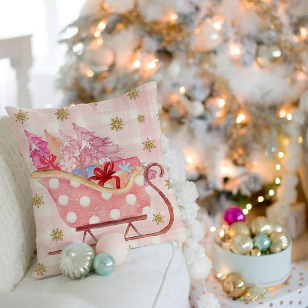 Juego de 4 fundas de almohada de Navidad rosas de 20 x 20 pulgadas, fundas de almohada decorativas, fundas de almohada de granja, árbol de Navidad,