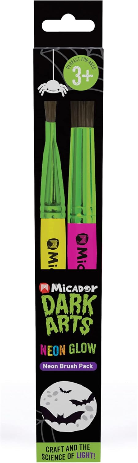 Micador Dark Arts – Paquete de 2 pinceles de neón con mango de neón, brilla bajo la luz negra, plano + redondo, uso con témpera + acuarela, a partir