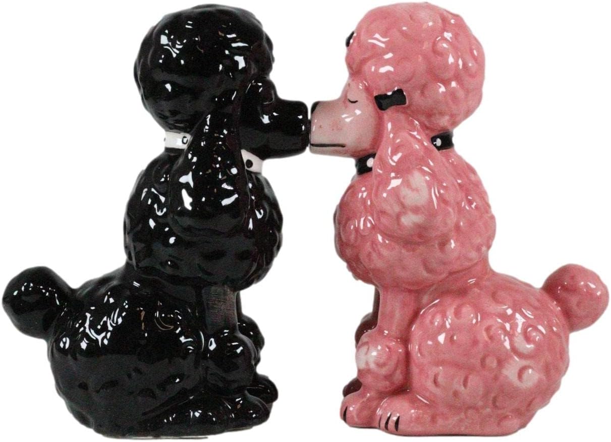 Ebros Gift Chien Canne – Juego de figuras de cerámica para perros de alta moda, color negro y rosa, salero y pimentero, 4 pulgadas de alto, para