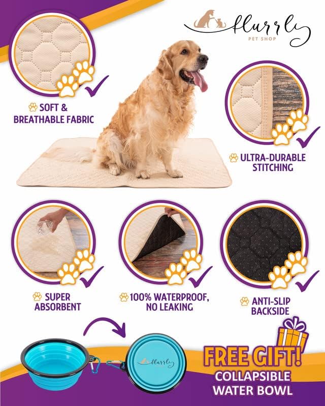 Flurrly – Almohadillas reutilizables para orina para perros, paquete de 2 unidades de 48 x 48 pulgadas + cuenco de agua plegable gratis,