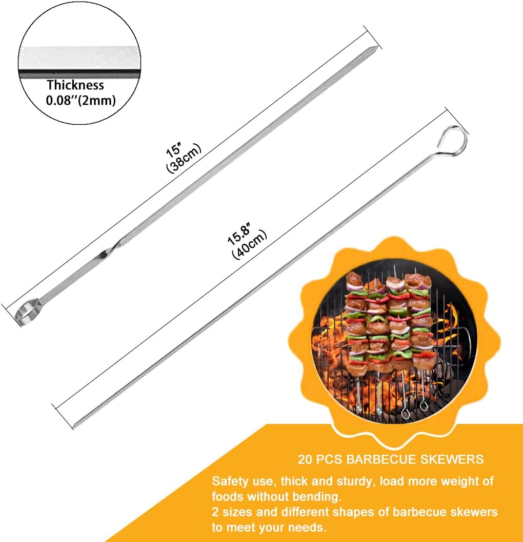 Brochetas Kabob de 20 piezas pinchos planos largos de metal para asar a la parrilla, pinchos de acero inoxidable de 15 pulgadas para barbacoa y