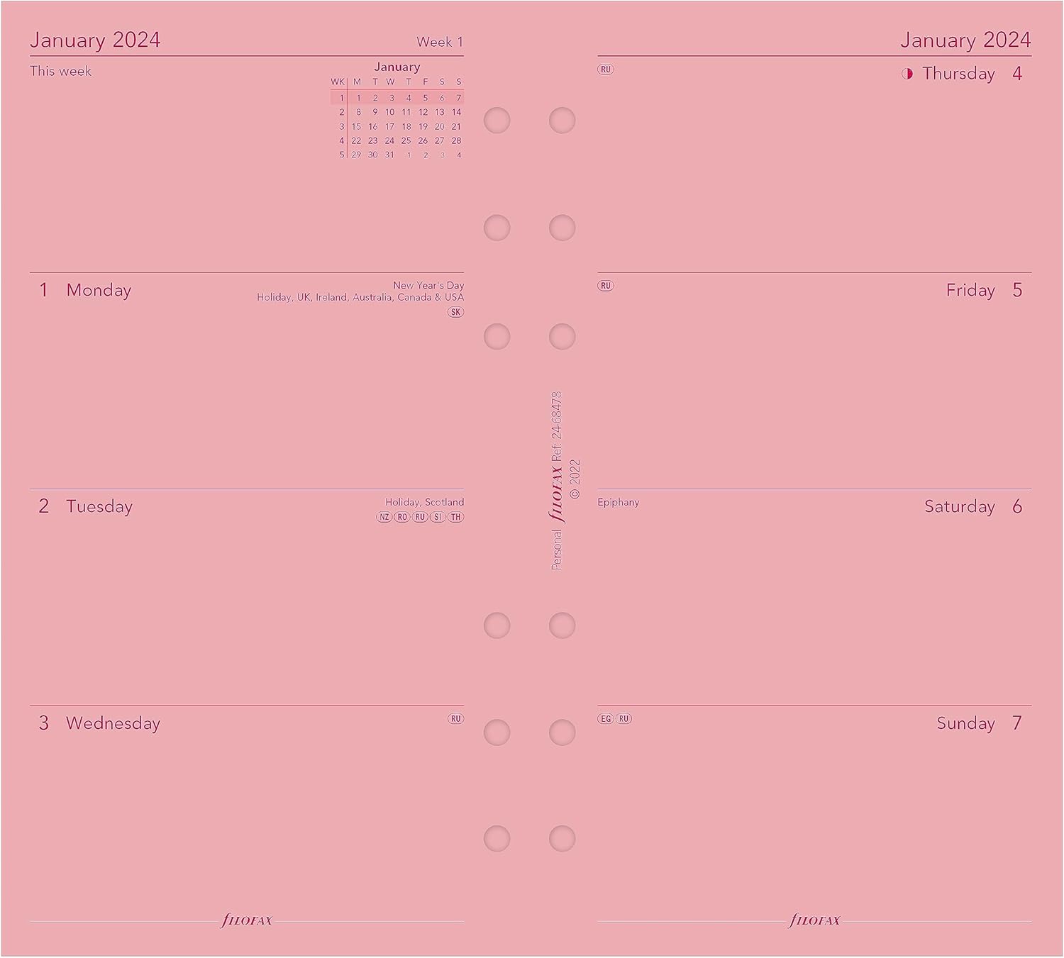 Filofax Recambio de diario de calendario, tamaño personalcompacto, semana a vista, papel rosa, sin rayas, inglés, 2024 (C68478-24)