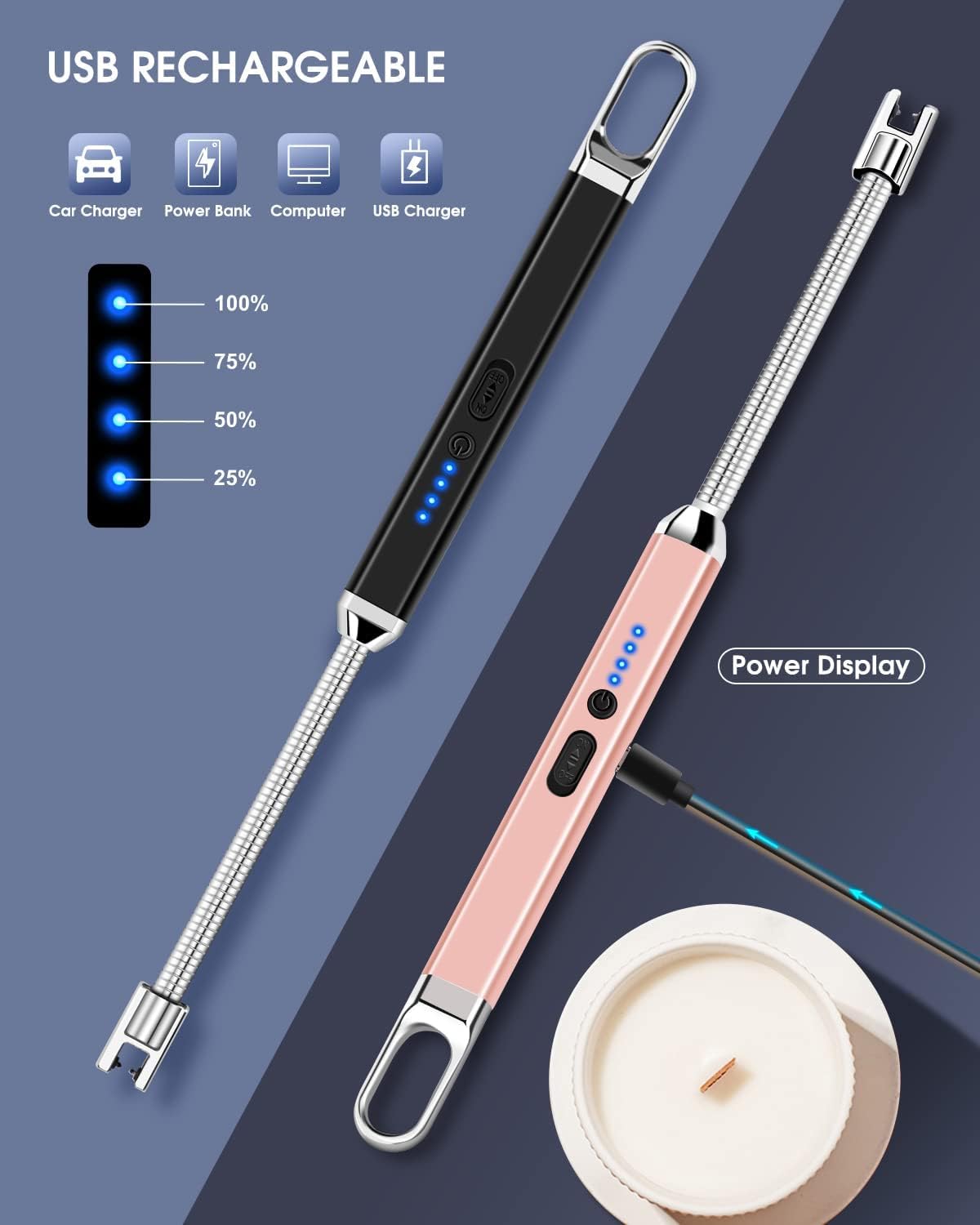 LcFun Encendedor de velas, 2 unidades, encendedor recargable por USB, encendedor eléctrico de arco de plasma con cuello flexible de 360,