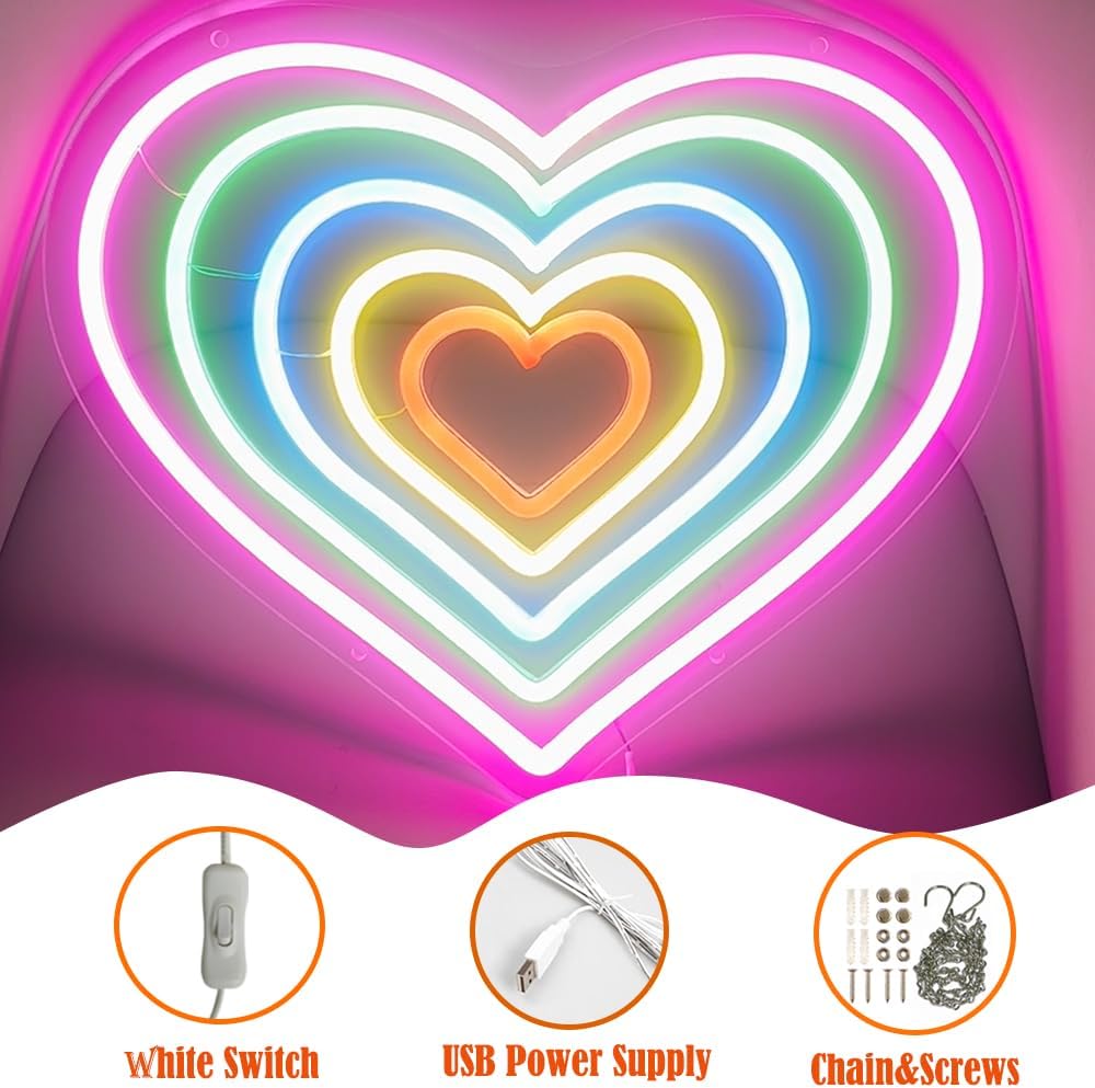 Letrero de luz LED en forma de corazón con forma de corazón para decoración de pared, letrero de luz de neón arcoíris de corazón rosa para