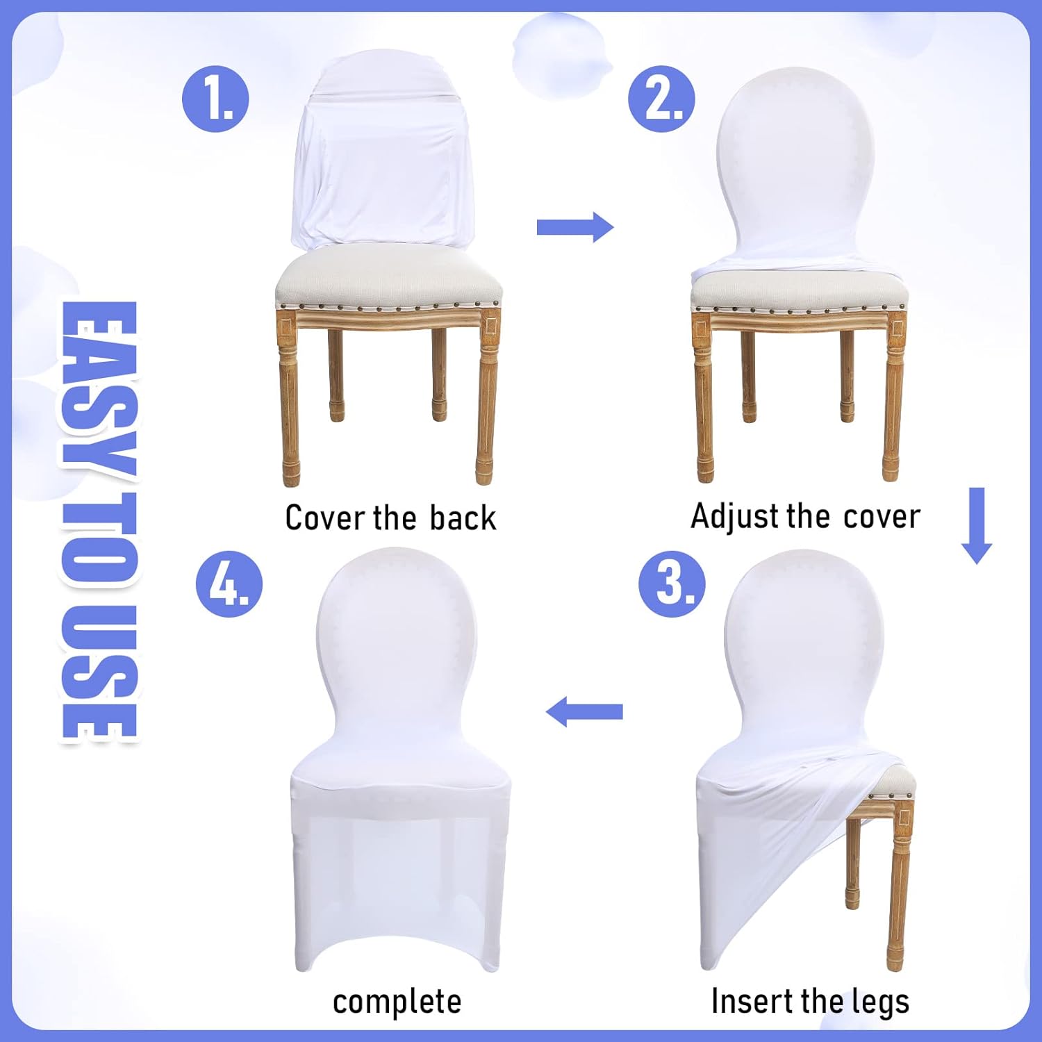 150 fundas blancas para sillas de banquete, de poliéster, parte delantera plana, de elastano, elástica, protector elástico para silla, para bodas,