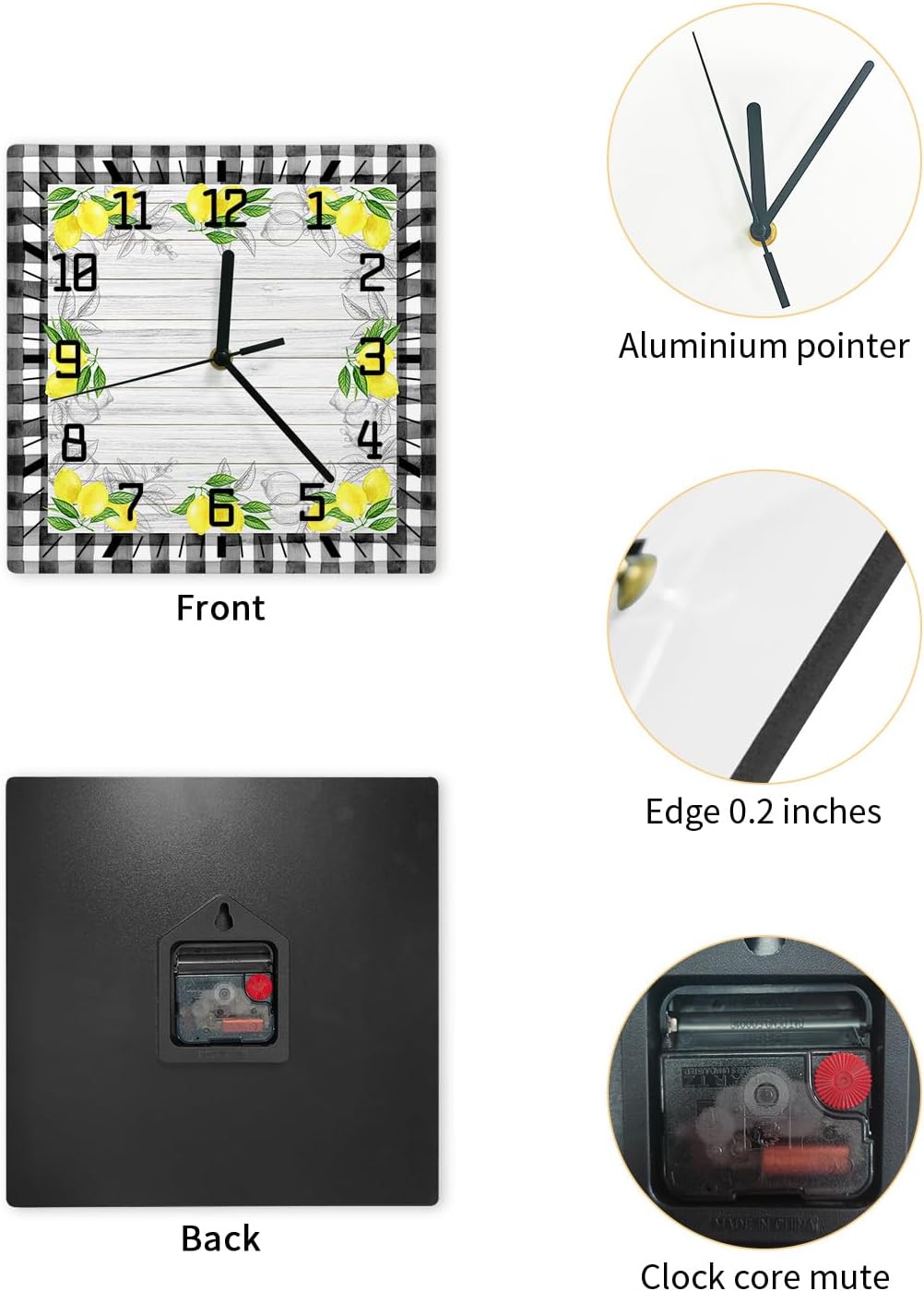 Wall Clock Yellow Lemon Battery Operated Clocks Wooden Silent Non-Ticking Wallclock 12 Inch Summer Fruit Lemon Farmhouse Plaid Square Wall Clock for