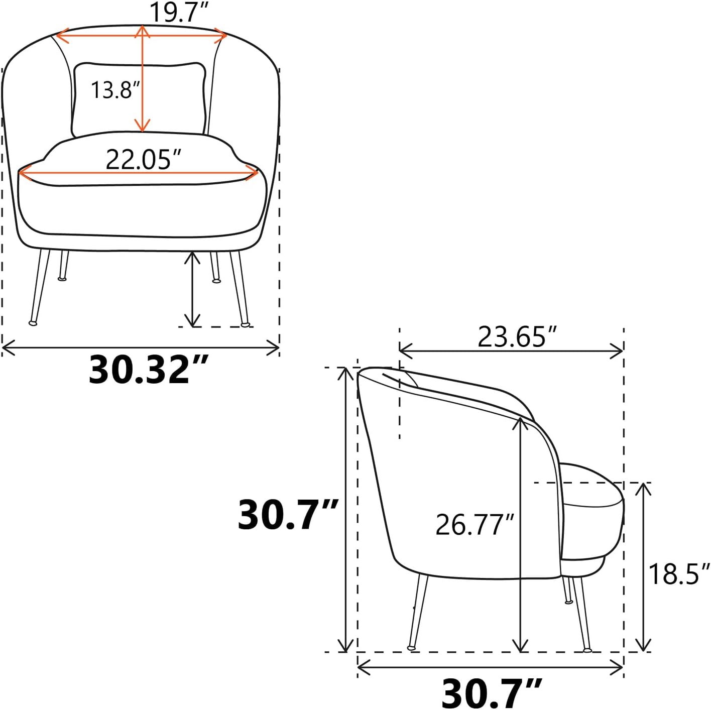 Silla decorativa de 30.32 pulgadas de ancho, respaldo curvado tapizado, silla de lectura, sofá individual, silla de club de ocio con patas