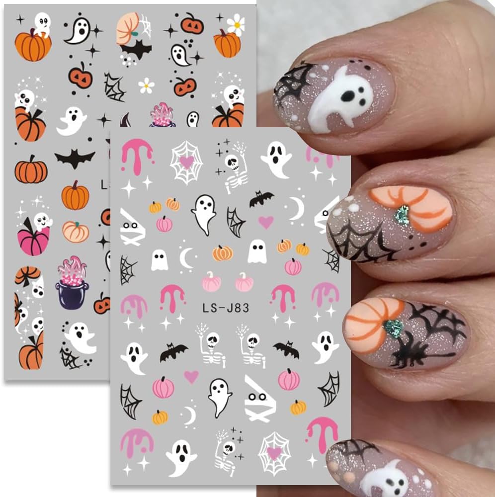 JMEOWIO 9 hojas de calcomanías de arte de uñas de Halloween, calcomanías autoadhesivas, uñas de terror, fantasma, bruja, telaraña, murciélago, gato,