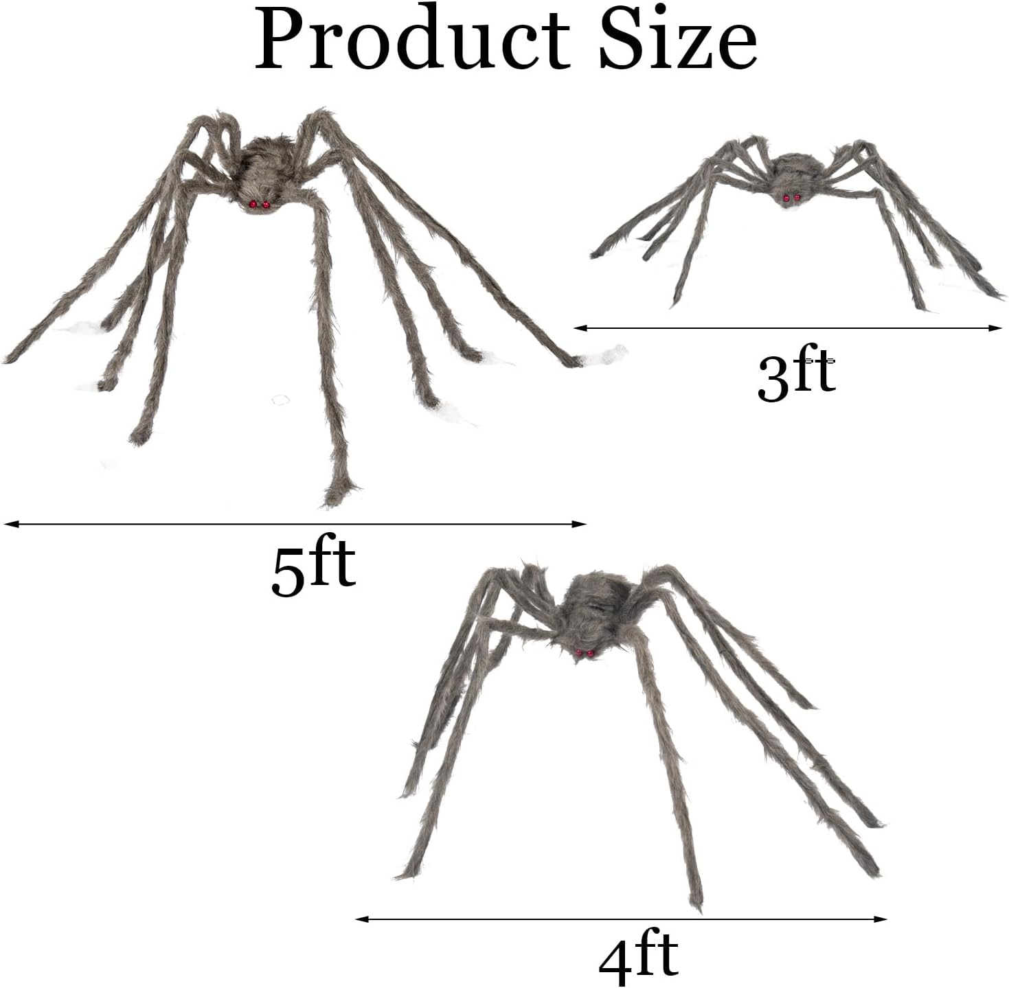 Araña marrón gigante de Halloween, paquete de 3 arañas peludas realistas de 5 pies 4 pies 3.2 pies para decoración de Halloween, interiores y