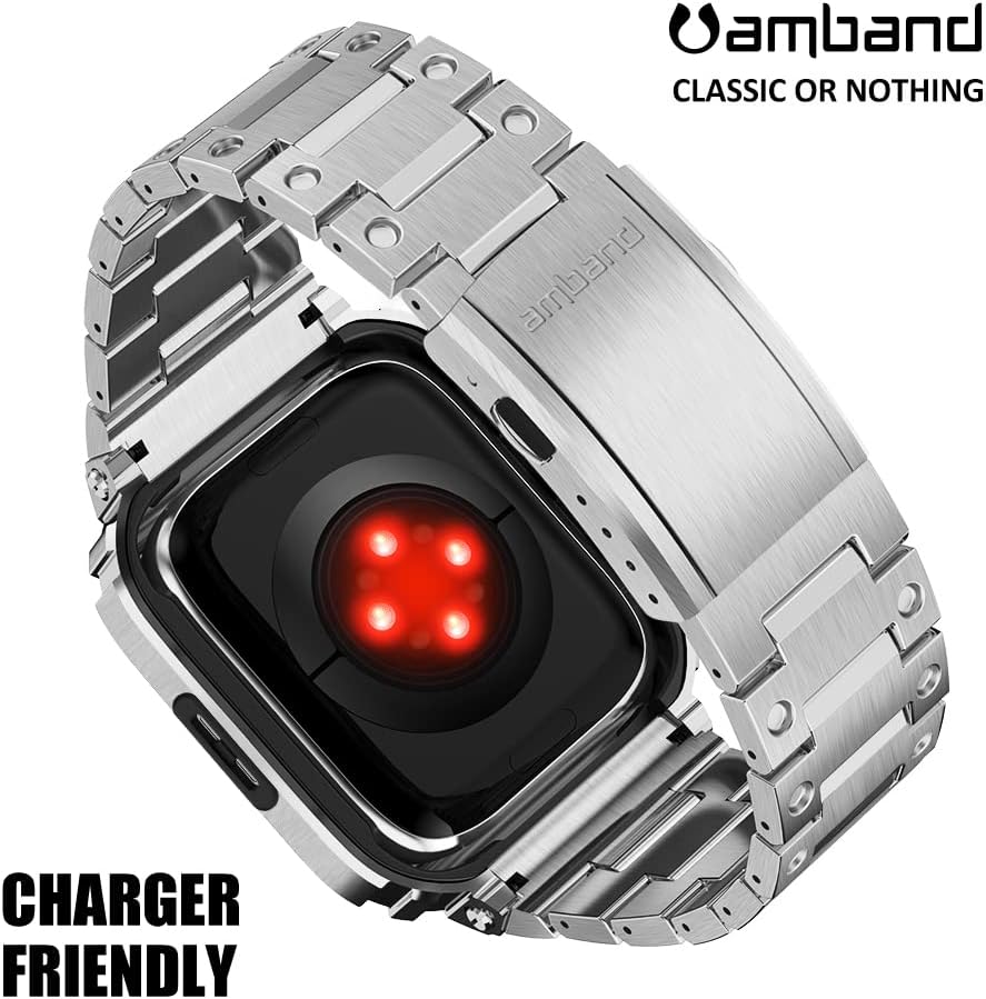 amBand – Funda resistente de acero inoxidable contra golpes compatible con Apple Watch Series 76SE54 de 1.57 pulgadas, 1.65 pulgadas, Moving