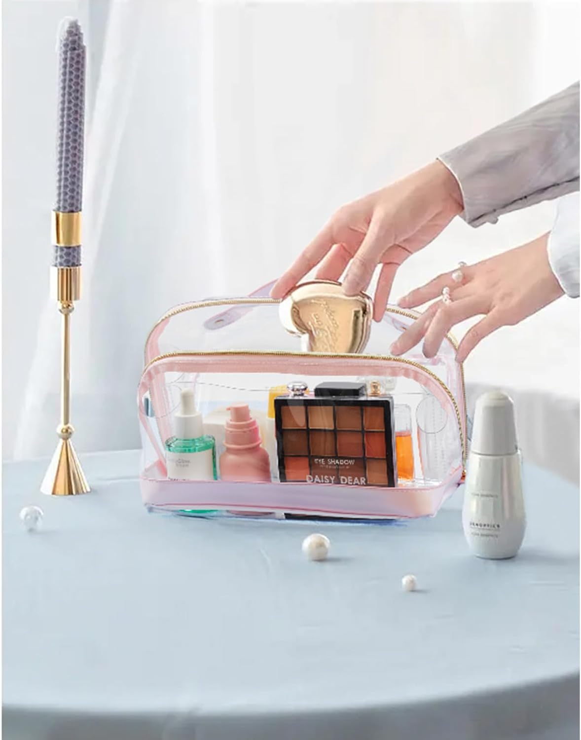 Telena Bolsa de maquillaje de gran capacidad, bolsa de cosméticos portátil de piel sintética resistente al agua, bolsas organizadoras de maquillaje