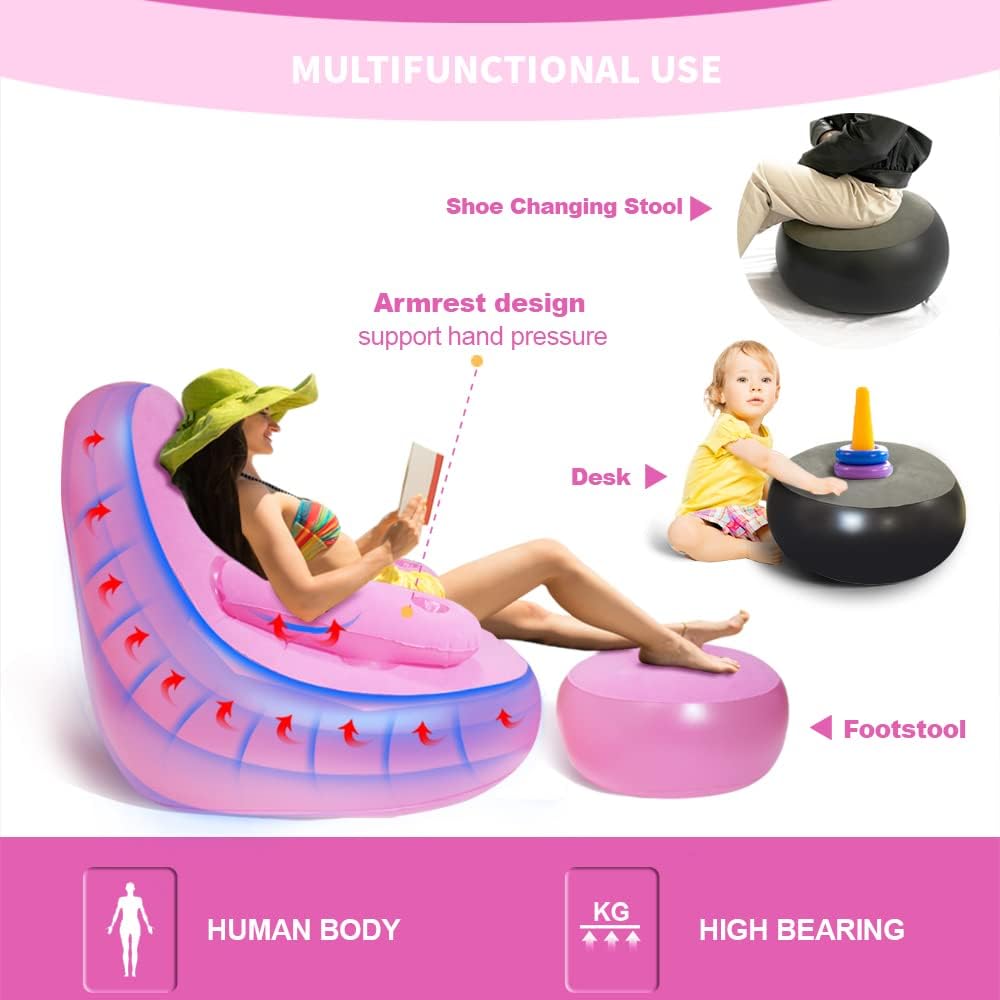 Nevife Sillón inflable con otomana y portavasos, sofá inflable portátil, tumbona de aire, sofá perezoso para camping, juegos, almuerzo, jardín,