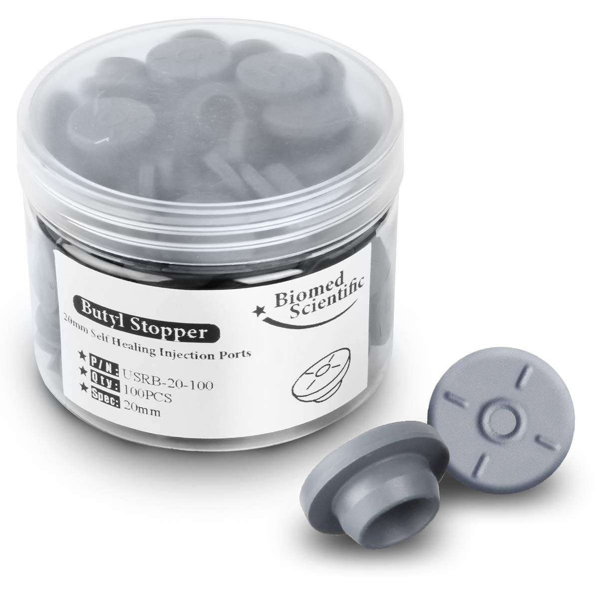 Biomed Scientific – 100 puertos de inyección autorreparables de 0.78 pulgadas, tapones de goma, tapa de butilo para botellas de vidrio y tarros de