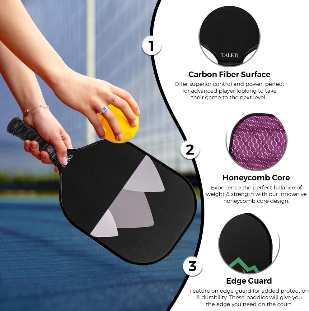 Taleti – Juego de 2 raquetas de pickleball de fibra de carbono, ligeras con 1 bolsa de transporte, 6 bolas de pickleball