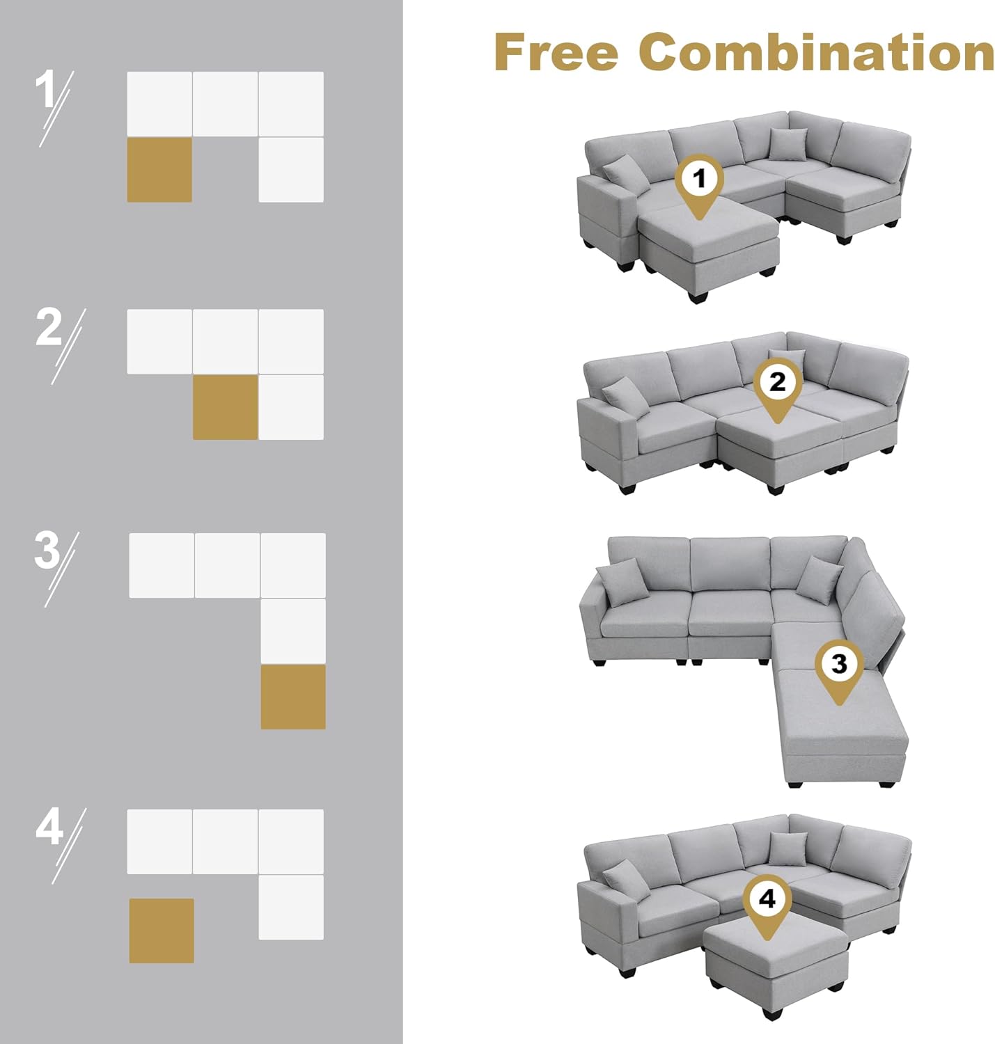 Juego de sofá esquinero de tela de lino en forma de L, moderno sofá modular con otomana convertible y 2 almohadas, juego de sofá modular de 5