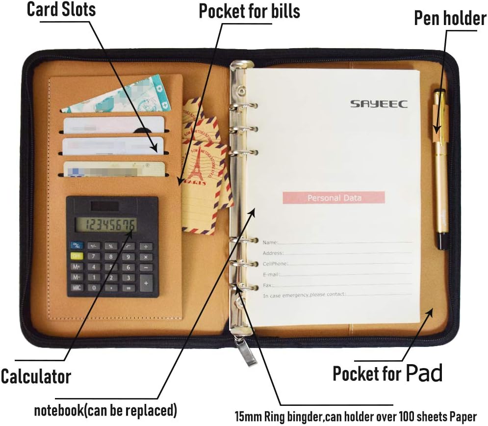 SAYEEC Cuaderno multifuncional A5 con cremallera, portátil, portafolio de viaje, bolsillo interior, carpeta de 6 anillas, carpeta para reuniones,