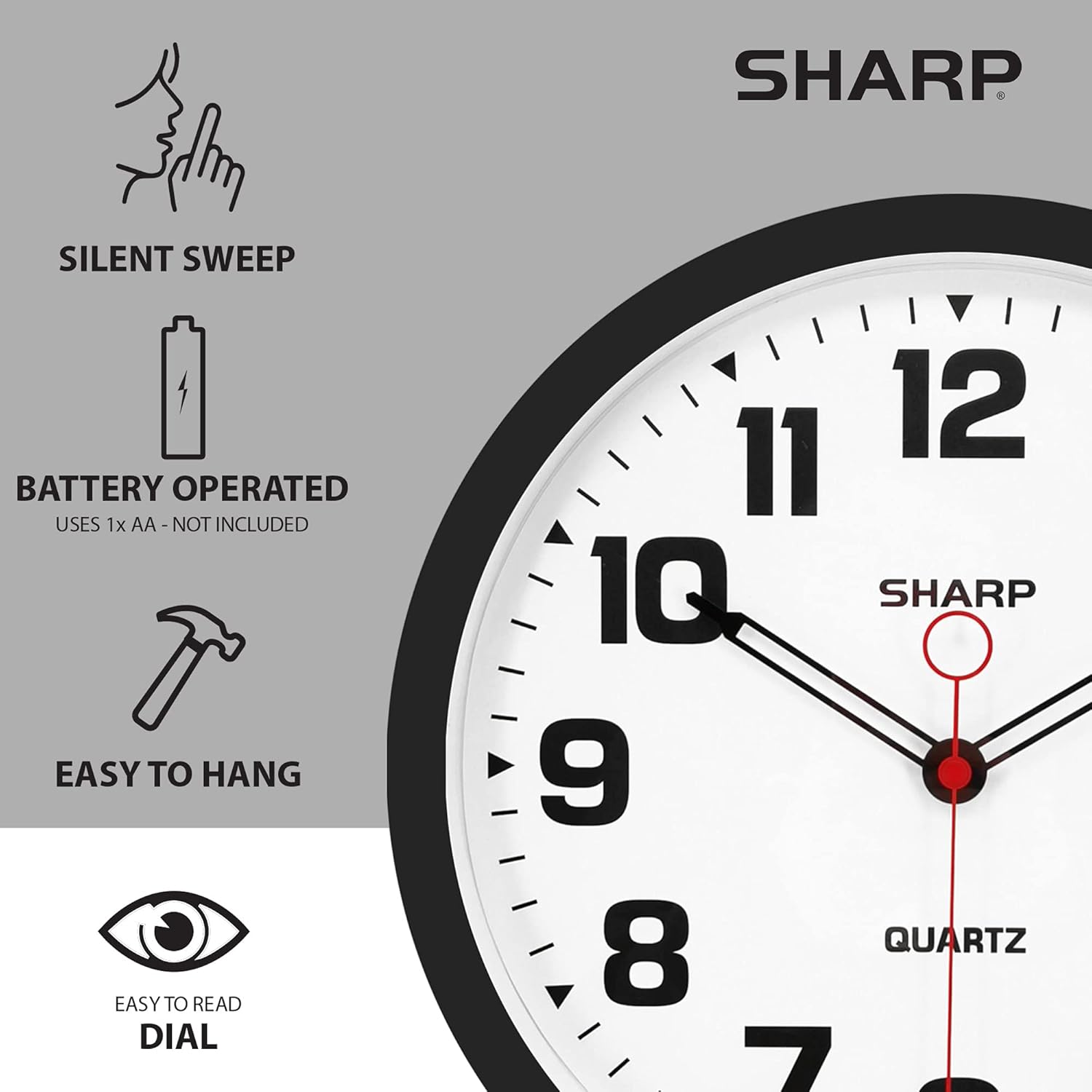 SHARP Reloj de pared negro mate de 12 pulgadas, silencioso, sin tictac, moderno, elegante, de cuarzo, funciona con pilas, fácil de leer