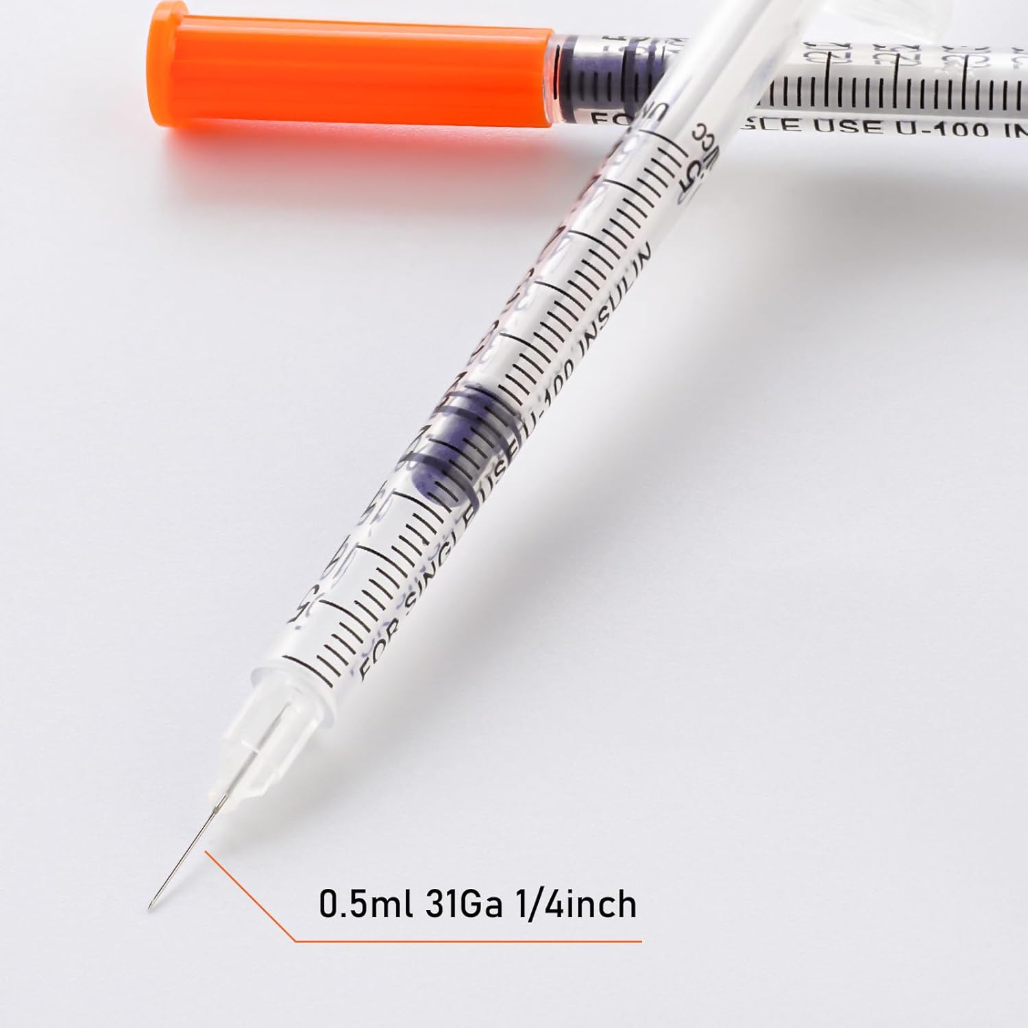 Jeringa 31G de 0.5cc 14 pulgada (0.236 in) con aguja, envuelta individualmente, paquete de 100