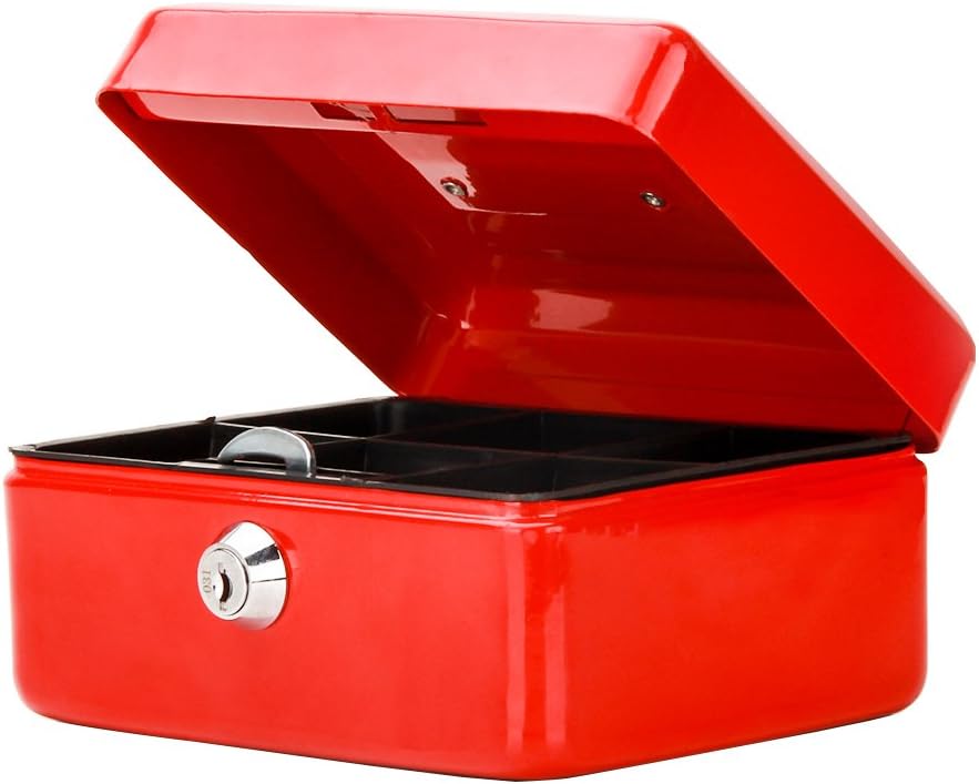 Decaller – Caja de efectivo pequeña con cerradura de llave, portátil de metal con doble capa y 2 llaves para seguridad, rojo, 15,7 x 12,7 x 7,62 cm,