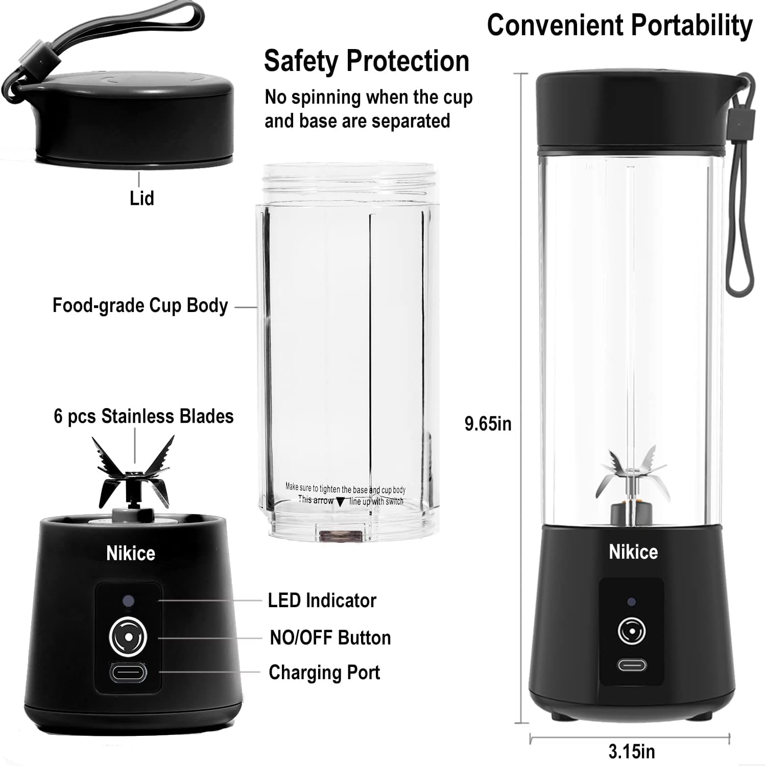 Licuadora portátil, tamaño personal, licuadora exprimidora, recargable por USB para batidos y batidos (negro)