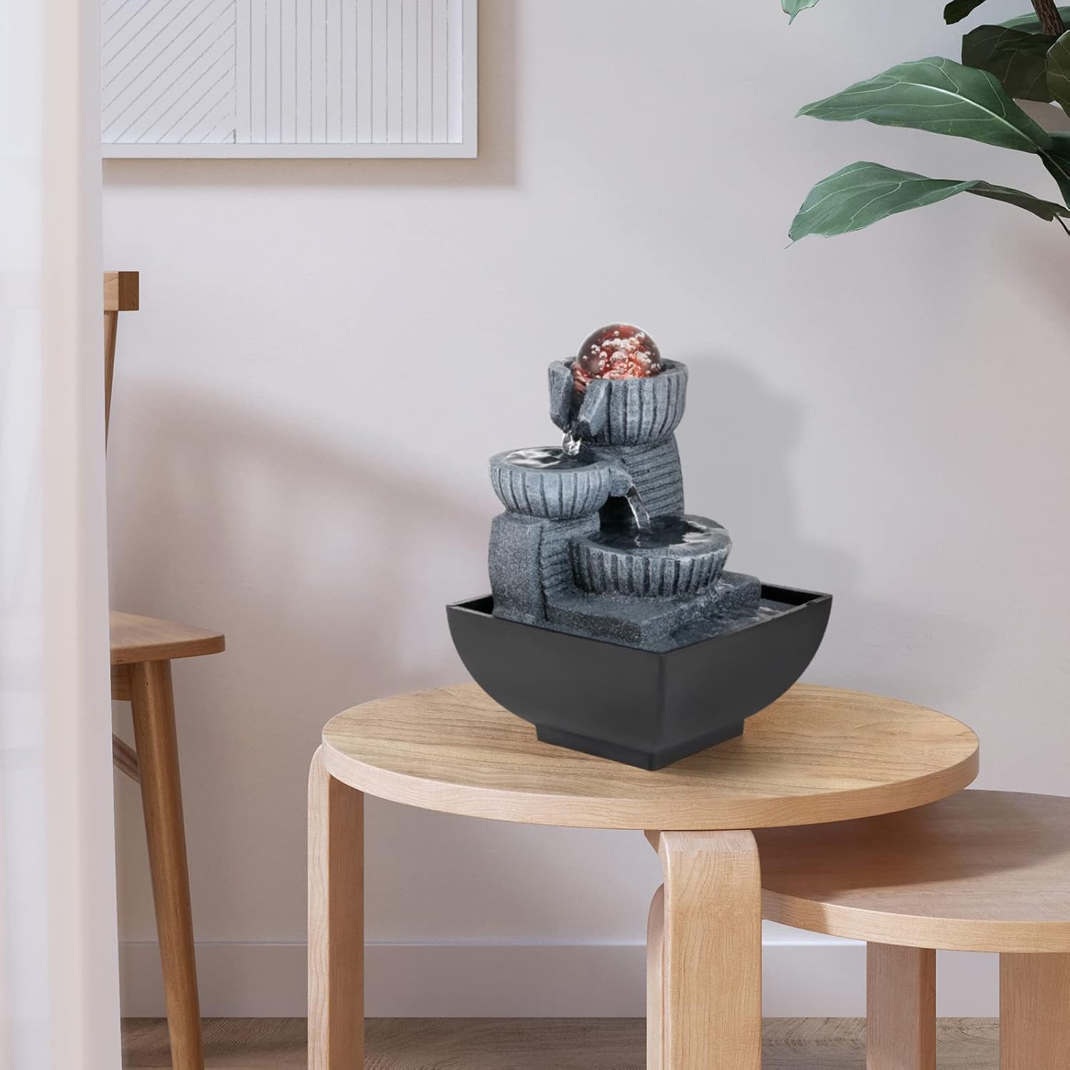 Dyna-Living Fuente de agua de mesa para interiores, fuente de agua de relajación Feng Shui, fuente de cascada con luces para decoración del hogar,