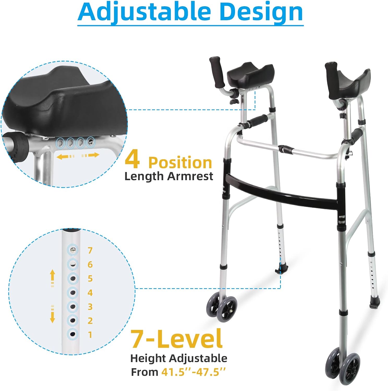 Andador IP plegable con almohadilla para reposabrazos, andadores de aluminio ajustables en altura, andador estándar para personas mayores, ancianos,