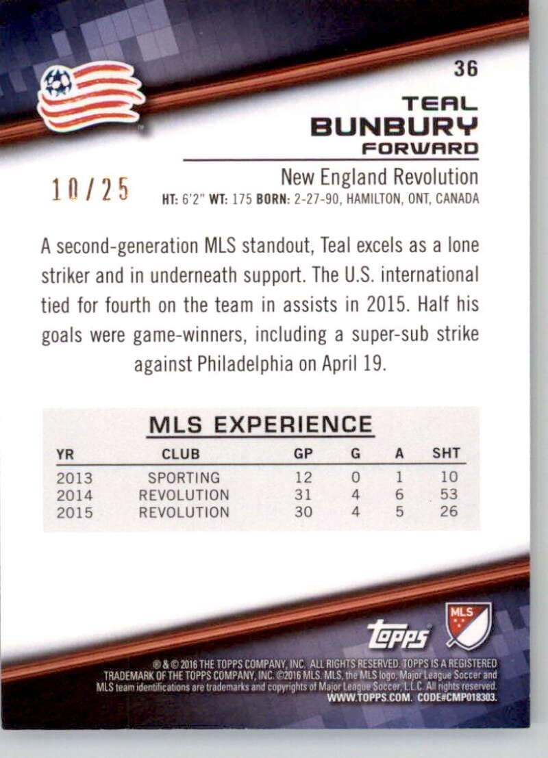 2016 Topps MLS Orange #36 Teal Bunbury SER25 New England Revolution Official Major League Soccer Card in Raw (NM or Better) Condition