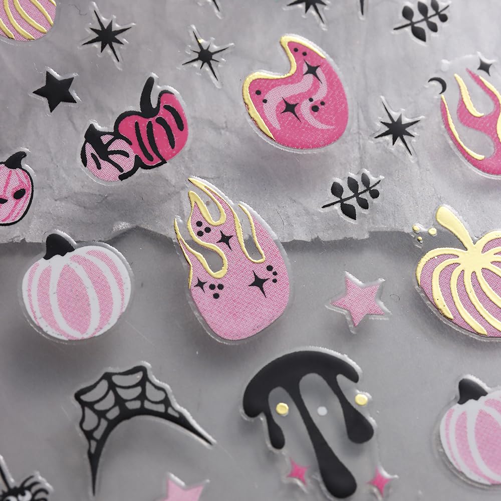 8 hojas de calcomanías de arte de uñas de Halloween, diseño de calabaza fantasma, diseño de llama de araña, diseño de llama de sangre y llama,