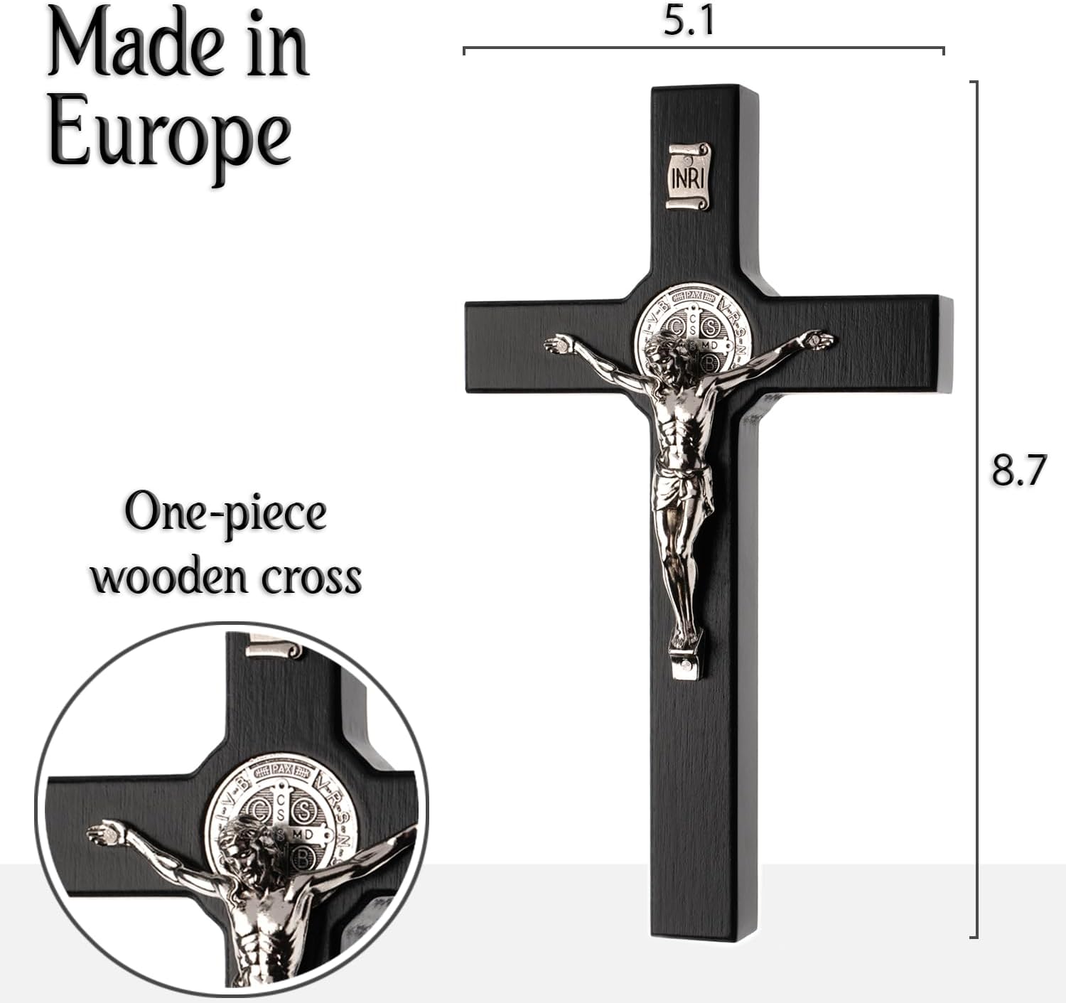 4Soul Crucifijo  Cruz de pared de San Benito  Decoración de cruz de madera de 8.7 pulgadas con medalla de Jesús y San Benito de color plateado  Arte