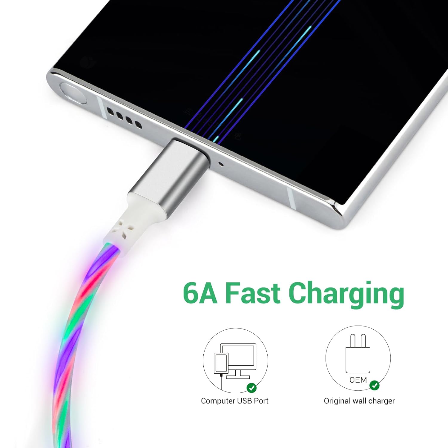 Aolcev Cable USB C con luz de 5 pies, cable USB A a USB C de 120 W, cargador tipo C, cable de carga rápida para MacBook Samsung Galaxy S24 S23 S22