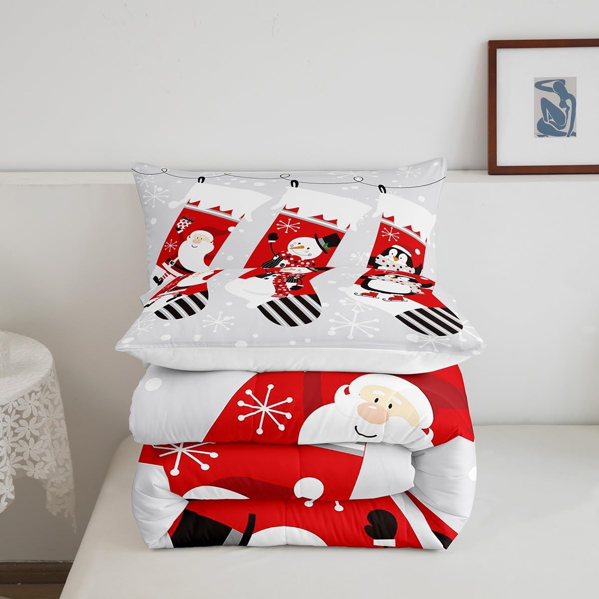 Erosebridal Juego de edredón de calcetines de Navidad para niños, juego de edredón de Papá Noel, ropa de cama de Navidad, muñeco de nieve, pingüino,