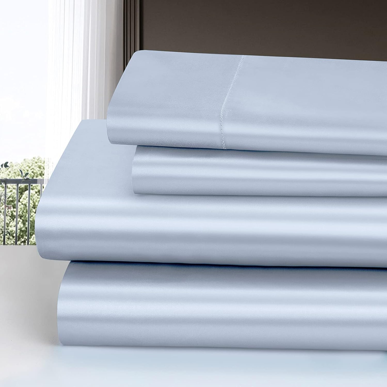Homiest Juego de sábanas de satén de lujo de 4 piezas con bolsillo profundo, 1 sábana bajera + 1 sábana encimera + 2 fundas de almohada (tamaño