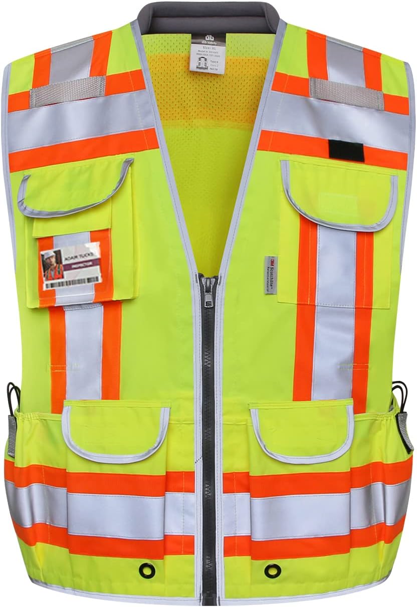 Chaleco reflectante resistente, chaleco de ingeniería de dos tonos de alta visibilidad, fabricado con cinta 3M, cuello acolchado, bolsillo retráctil