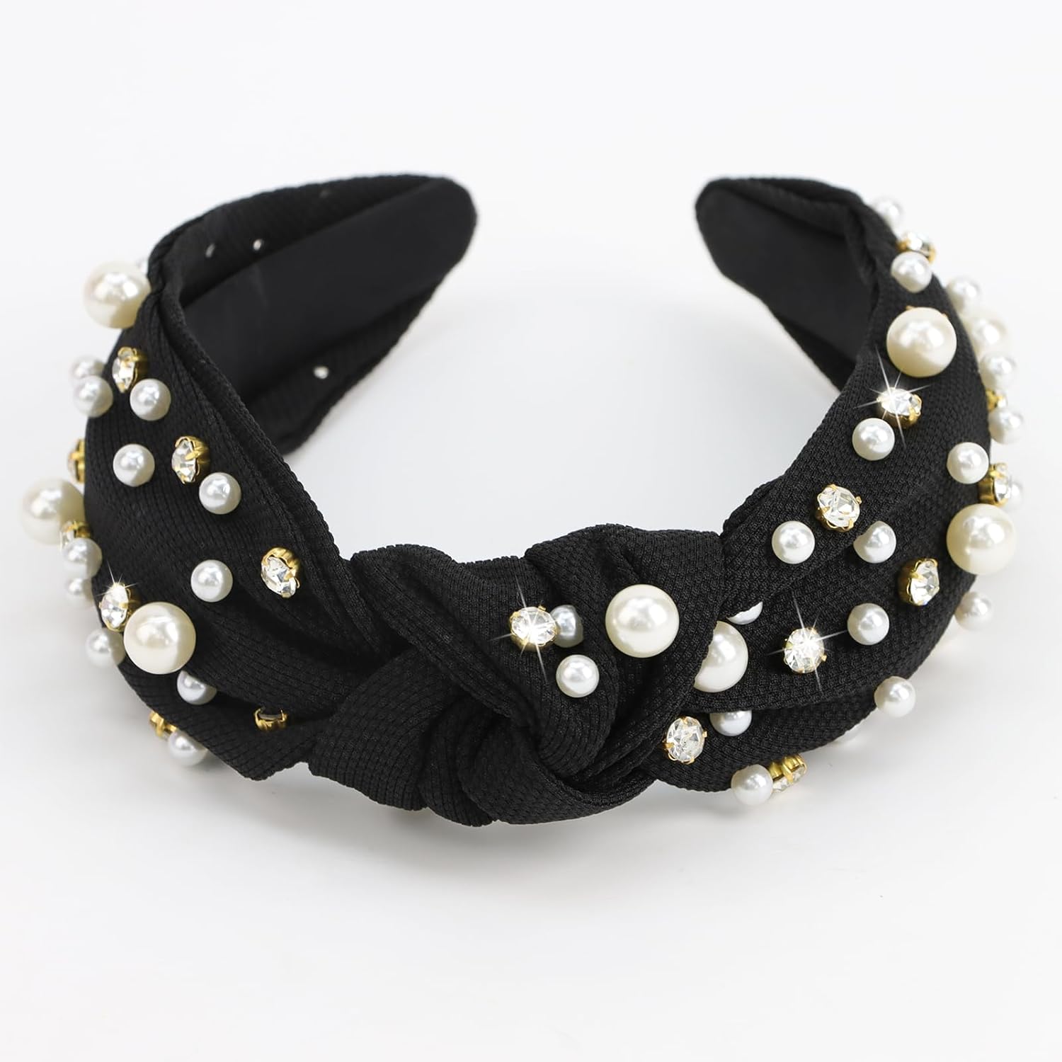 Diademas de perlas para niñas, diademas de diamantes de imitación para mujer, diadema ancha anudada para mujer, diadema negra con cuentas,