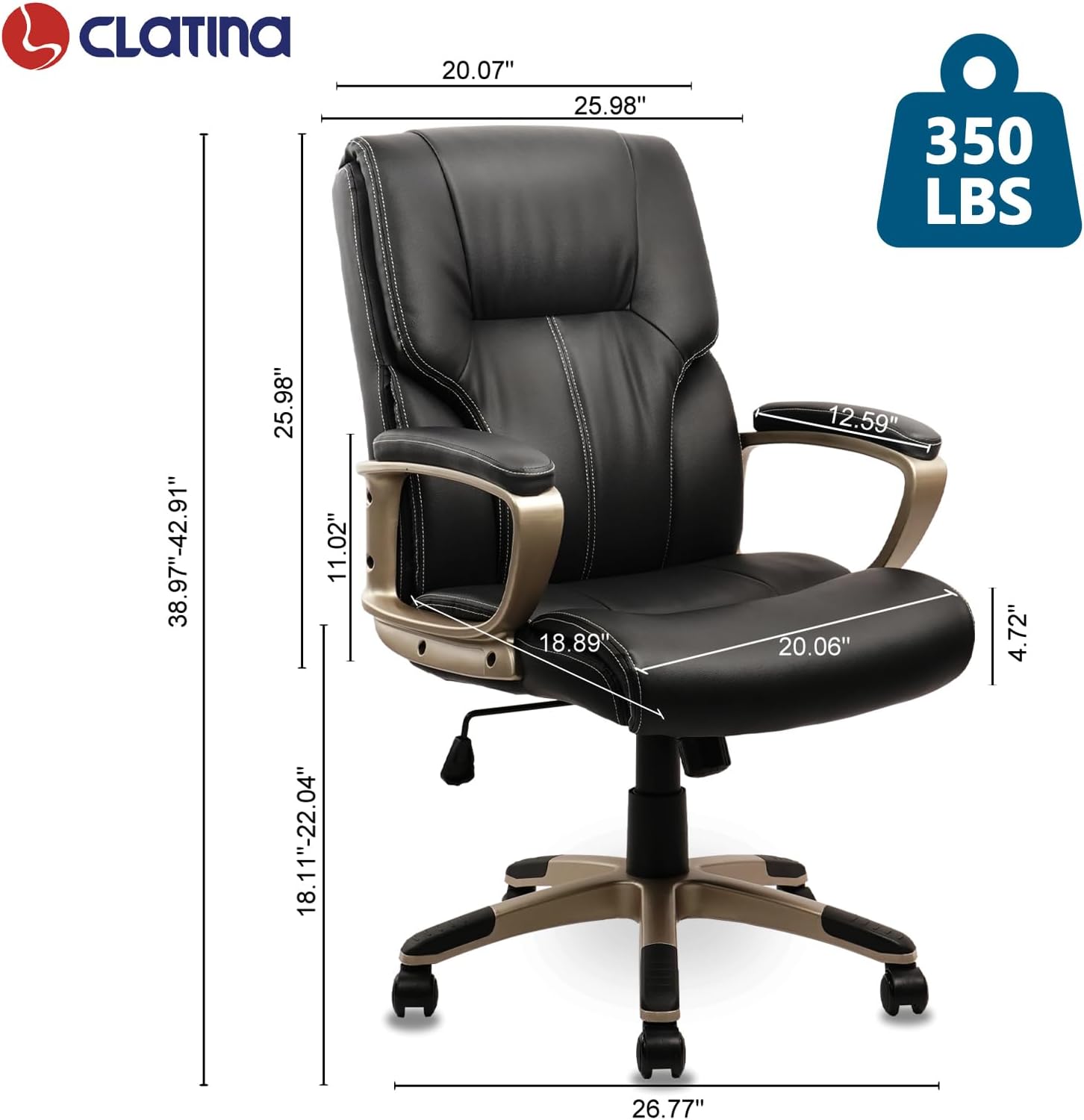 CLATINA Silla de escritorio ergonómica de oficina negra y dorada con soporte lumbar, sillas ejecutivas de cuero con respaldo alto con ruedas y